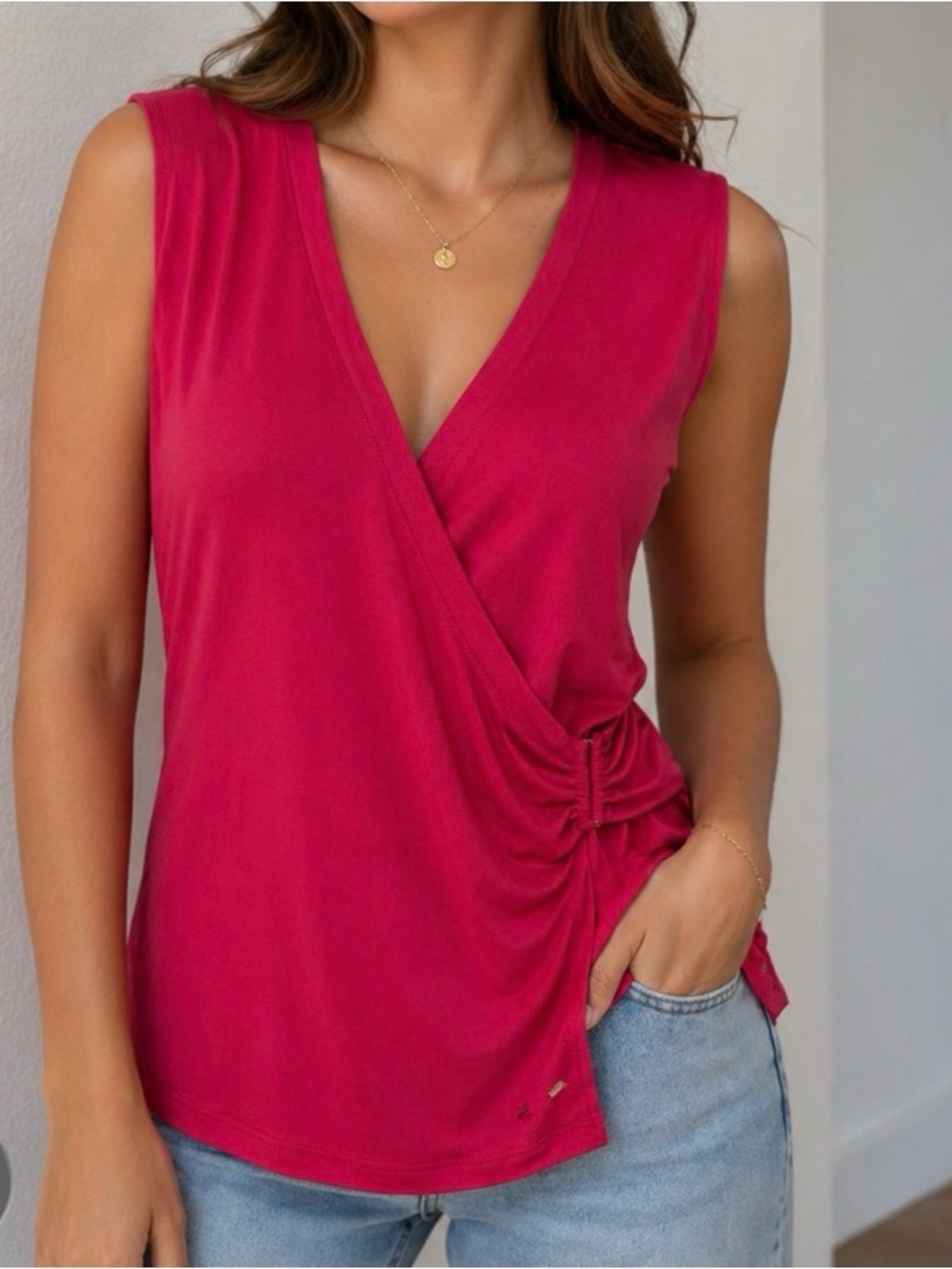 Tahari Pink Asymmetrical Wrap Blouse